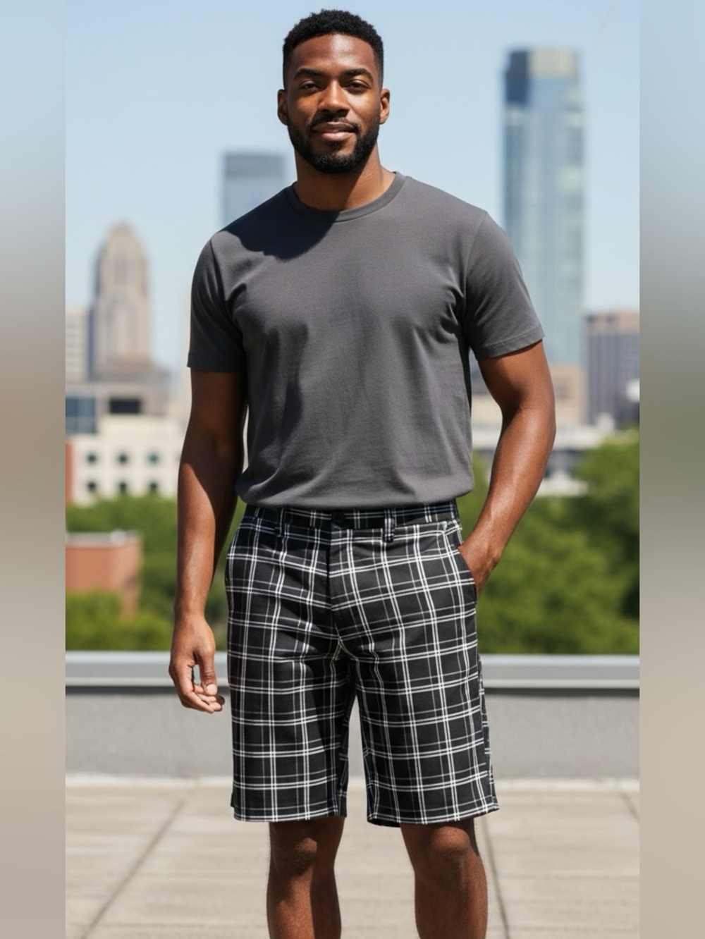 Mike Weir Golf Men's Flat Front Plaid Performance Shorts Black White Grey Sz 40